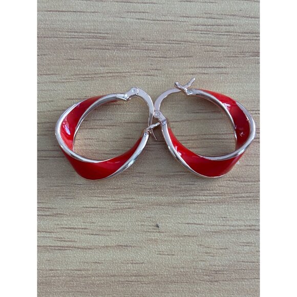 Red & Gold Tone Hoop Earrings With Twist Design - Picture 4 of 5